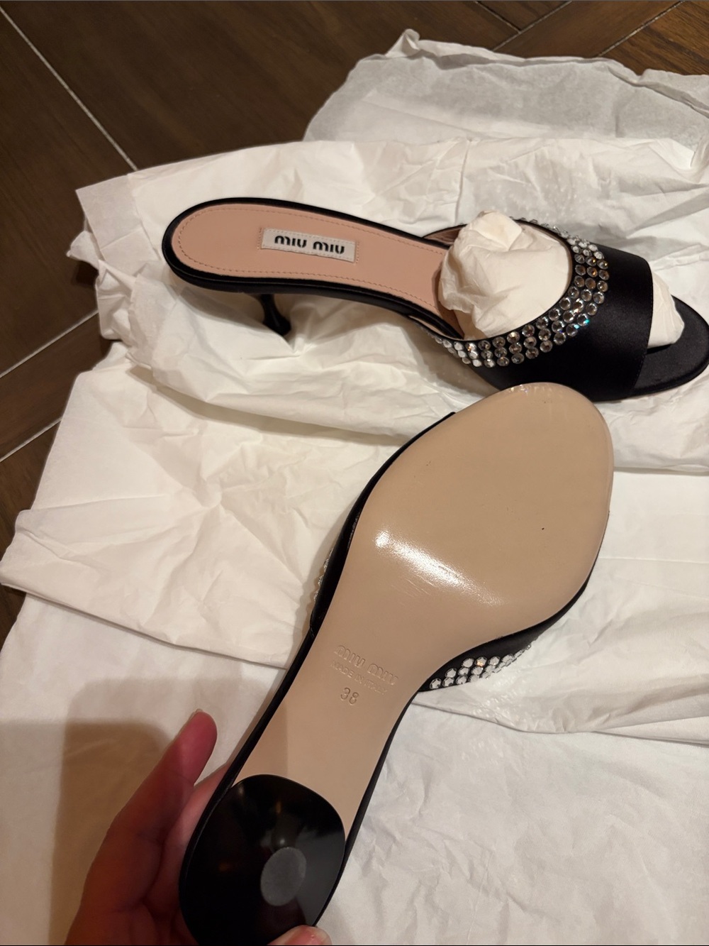 Miu Miu Black Satin Crystal-Embellished Slide Mules - Picture 4 of 6